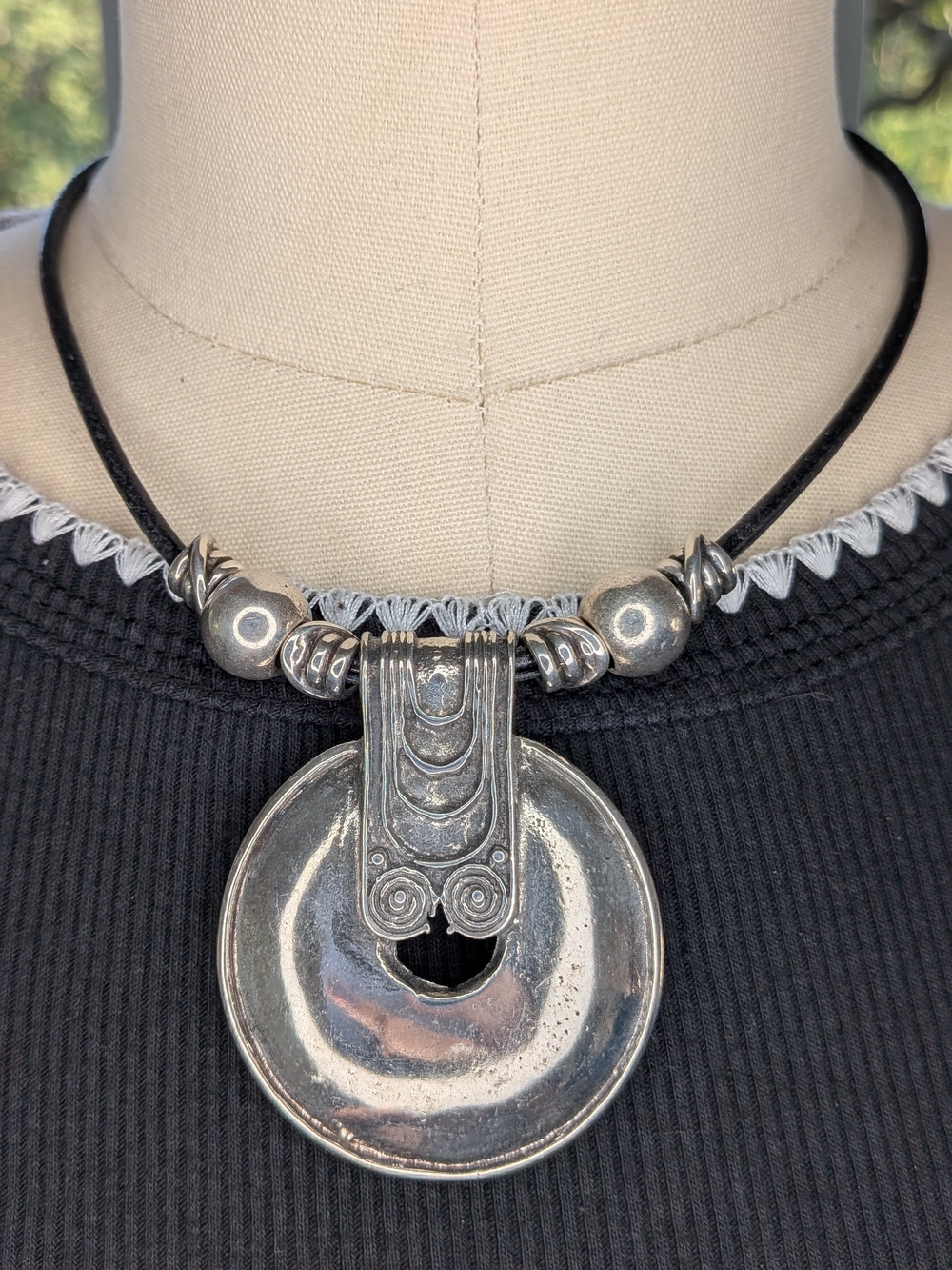 Carolyn Pollack CJ Sterling Silver Donut Medallion Pendant Leather Cord Necklace